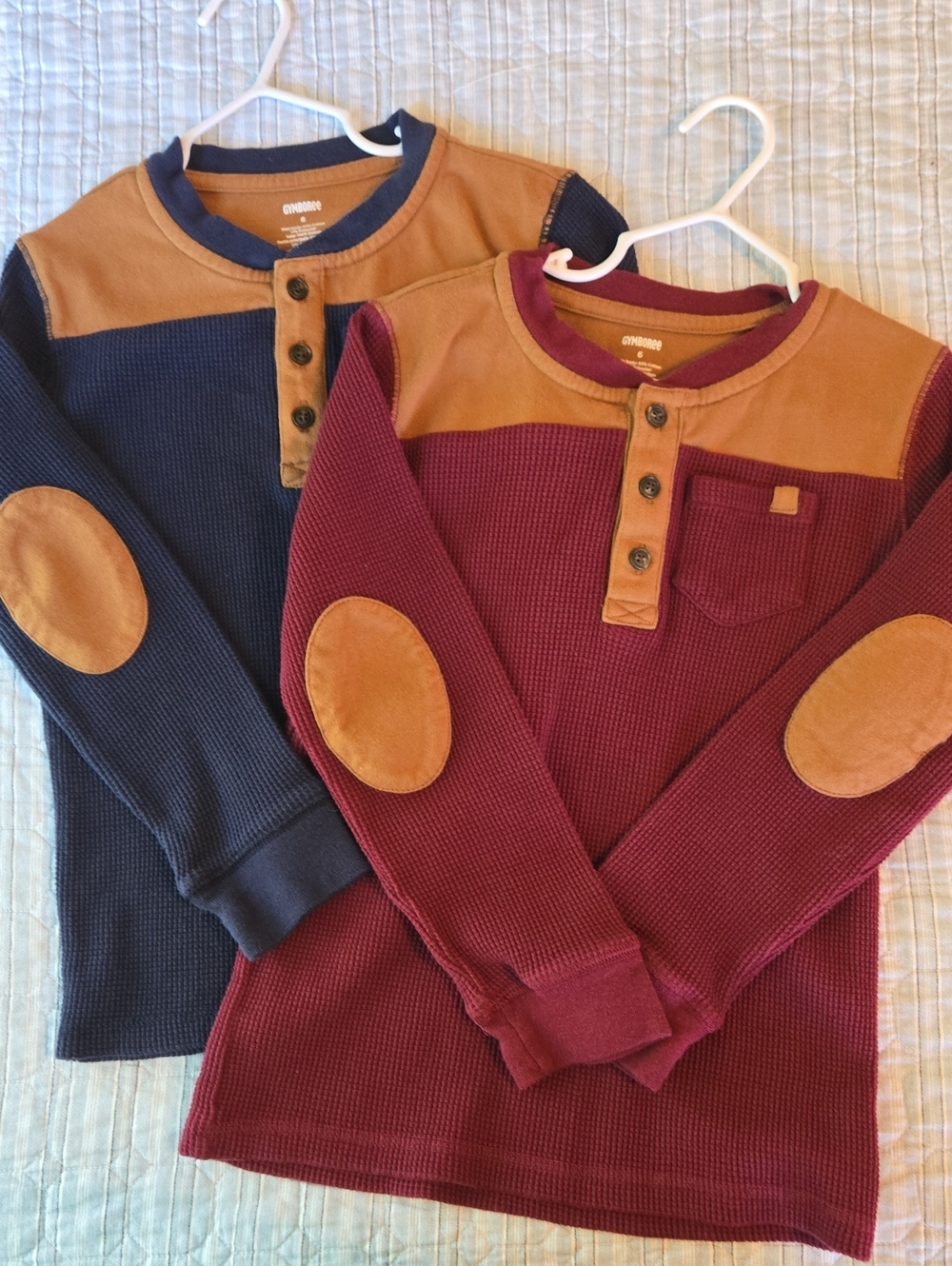 Gymboree Navy and Burgundy Waffle Henley with Mustard Elbow Patches